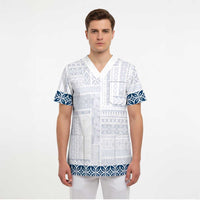 Samoa Siapo Blue Trimmed Scrub Top Samoa White Sunday - Polynesian Pride