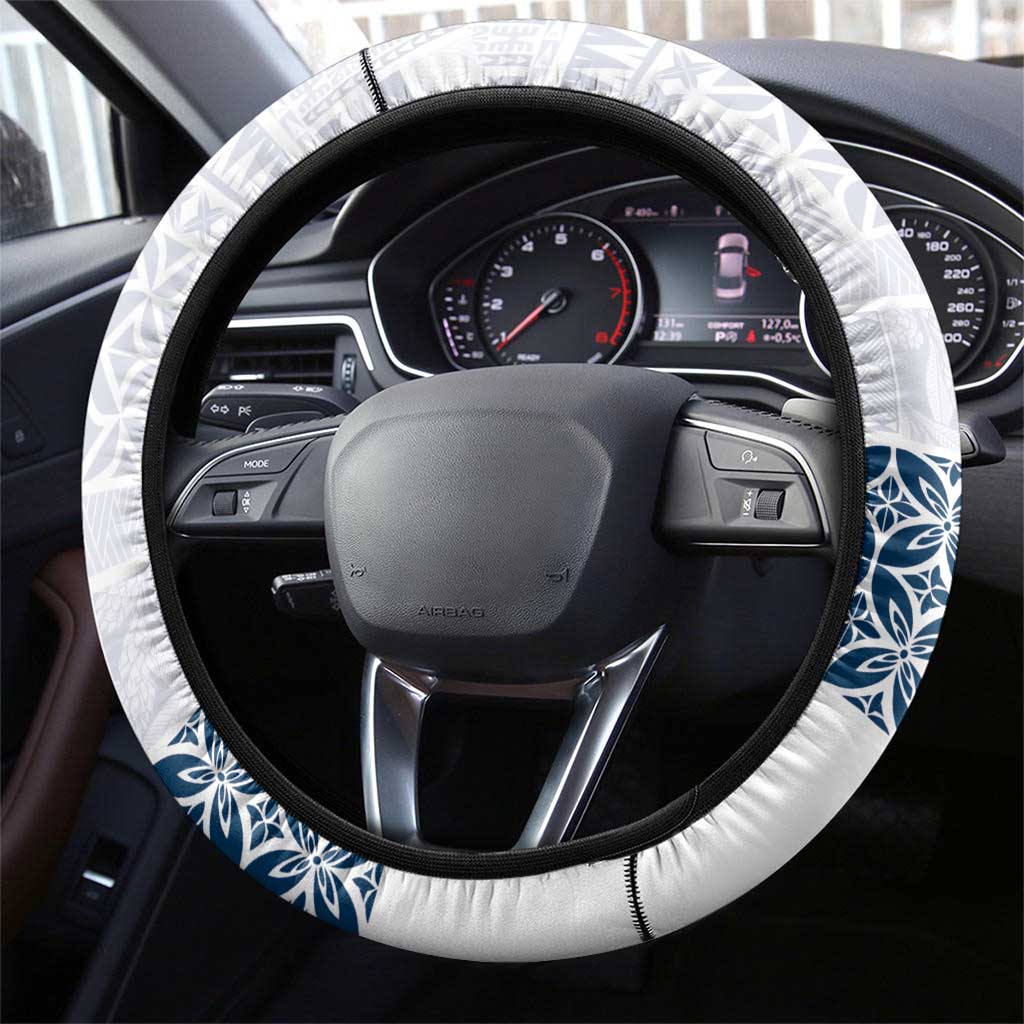 Samoa Siapo Blue Trimmed Steering Wheel Cover Samoa White Sunday LT01 - Polynesian Pride