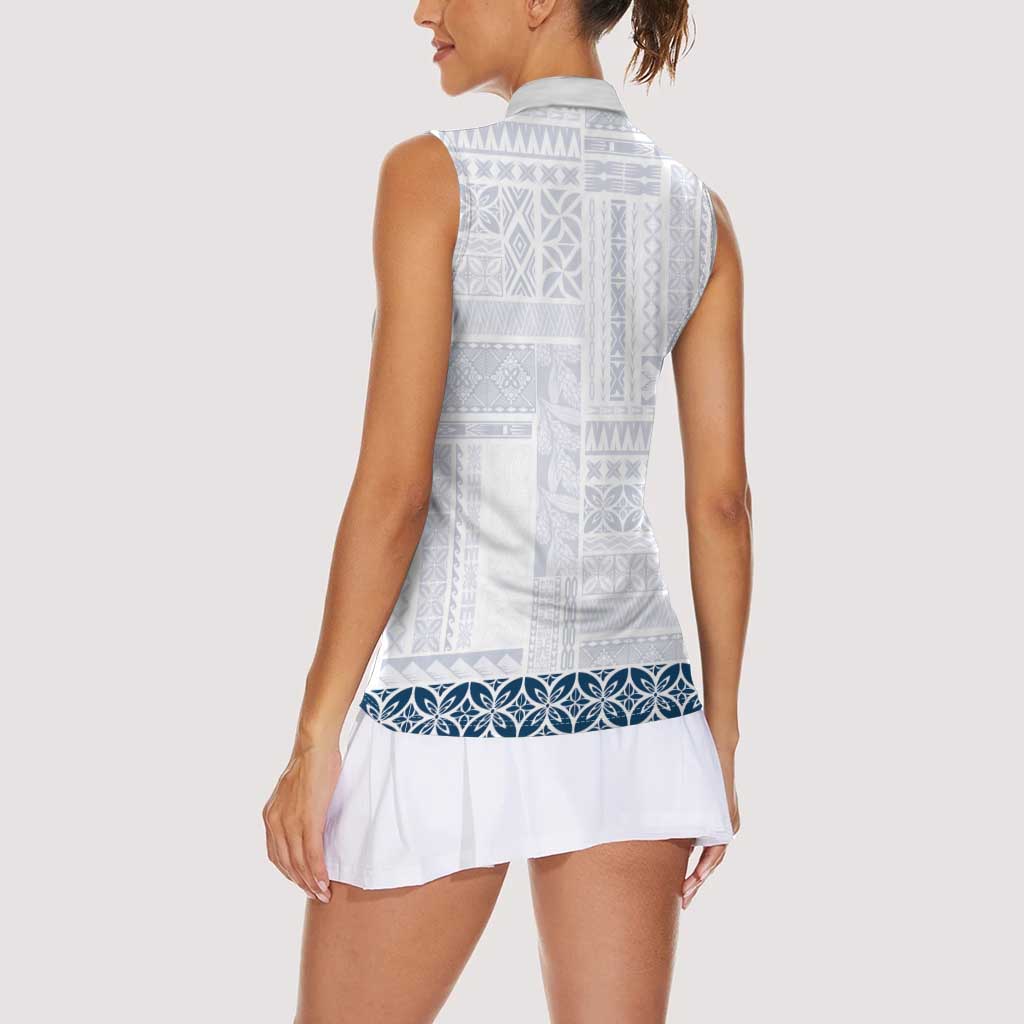 Samoa Siapo Blue Trimmed Women Sleeveless Polo Shirt Samoa White Sunday - Polynesian Pride