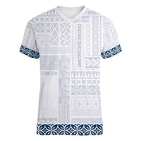 Samoa Siapo Blue Trimmed Women V-Neck T-Shirt Samoa White Sunday - Polynesian Pride