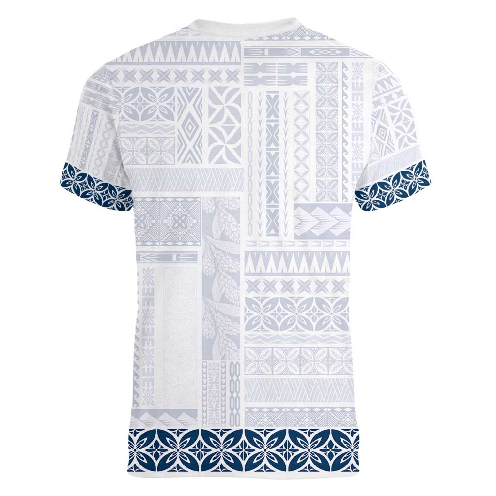 Samoa Siapo Blue Trimmed Women V-Neck T-Shirt Samoa White Sunday - Polynesian Pride