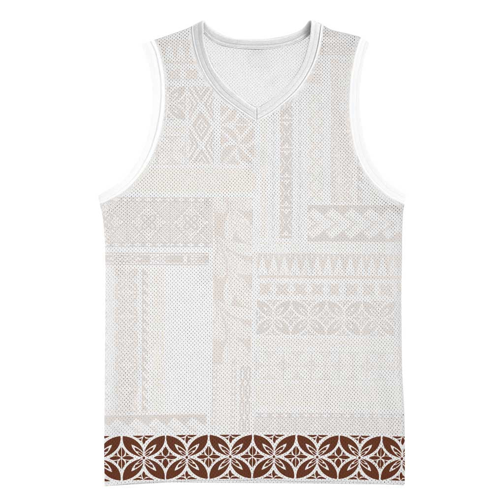 Samoa Siapo Brown Trimmed Basketball Jersey Samoa White Sunday - Polynesian Pride