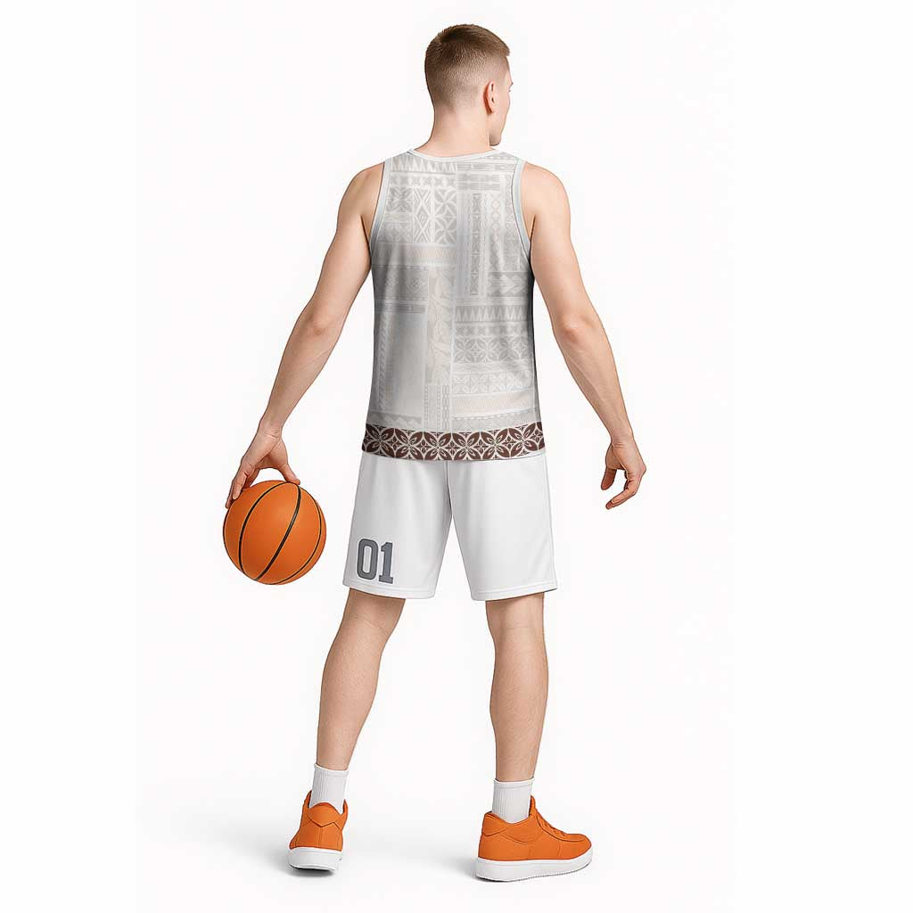 Samoa Siapo Brown Trimmed Basketball Jersey Samoa White Sunday - Polynesian Pride