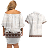 Samoa Siapo Brown Trimmed Couples Matching Off Shoulder Short Dress and Hawaiian Shirt Samoa White Sunday - Polynesian Pride