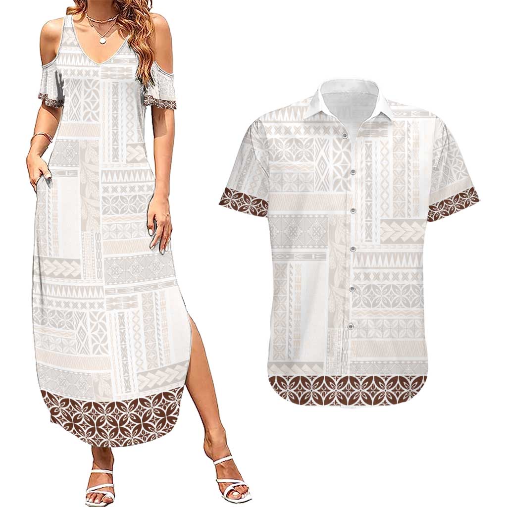 Samoa Siapo Brown Trimmed Couples Matching Summer Maxi Dress and Hawaiian Shirt Samoa White Sunday - Polynesian Pride