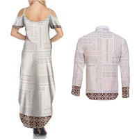 Samoa Siapo Brown Trimmed Couples Matching Summer Maxi Dress and Long Sleeve Button Shirt Samoa White Sunday - Polynesian Pride