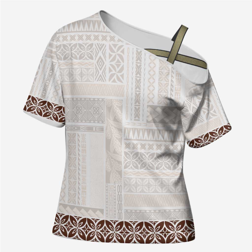Samoa Siapo Brown Trimmed Cross Shoulder Shirt Samoa White Sunday - Polynesian Pride
