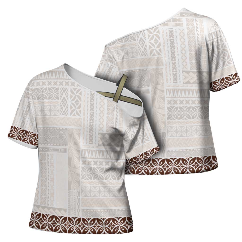 Samoa Siapo Brown Trimmed Cross Shoulder Shirt Samoa White Sunday - Polynesian Pride
