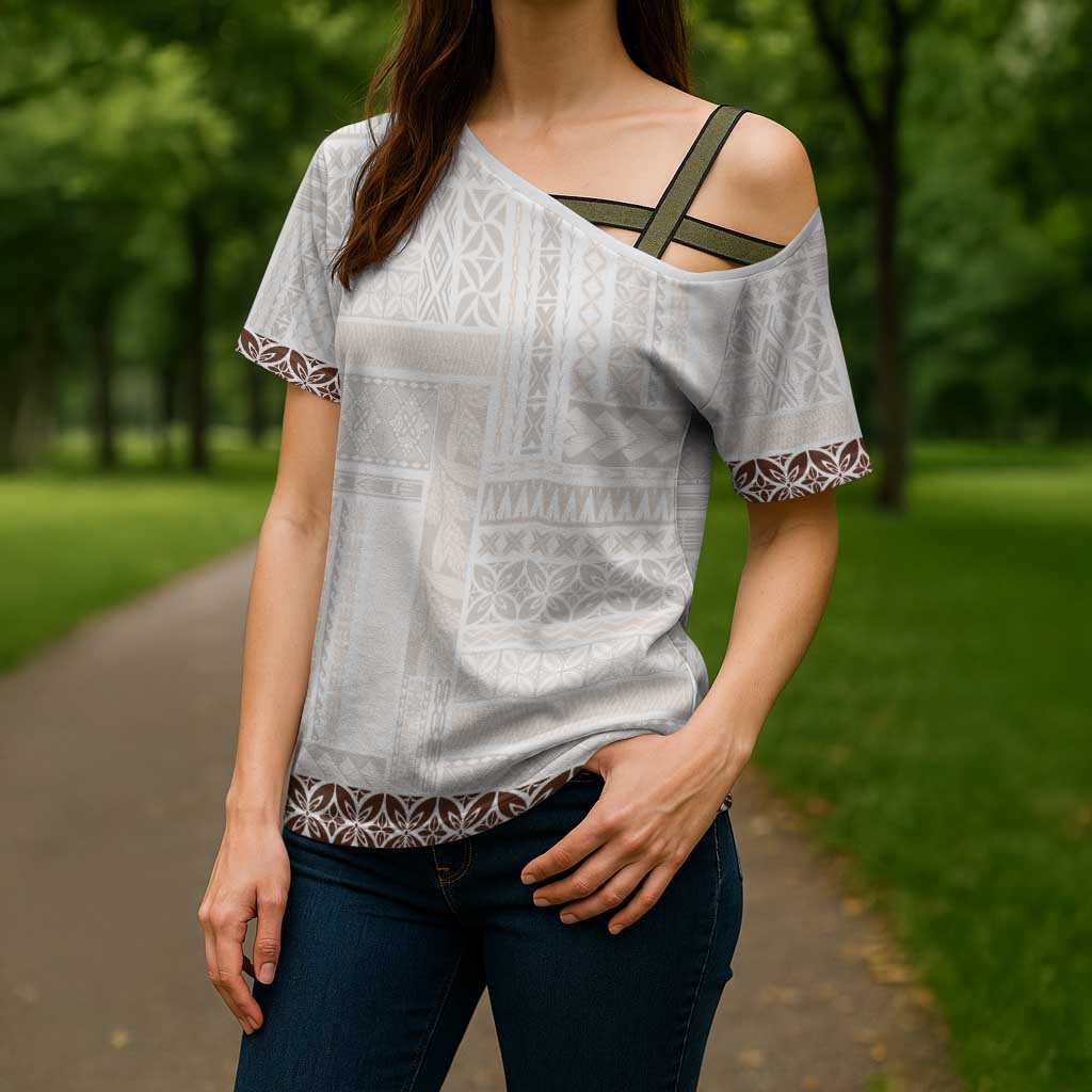 Samoa Siapo Brown Trimmed Cross Shoulder Shirt Samoa White Sunday - Polynesian Pride