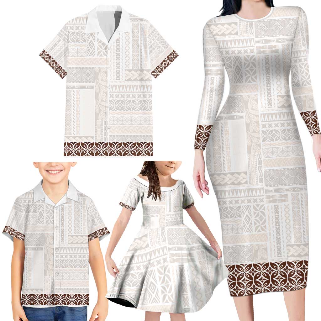 Samoa Siapo Brown Trimmed Family Matching Long Sleeve Bodycon Dress and Hawaiian Shirt Samoa White Sunday - Polynesian Pride