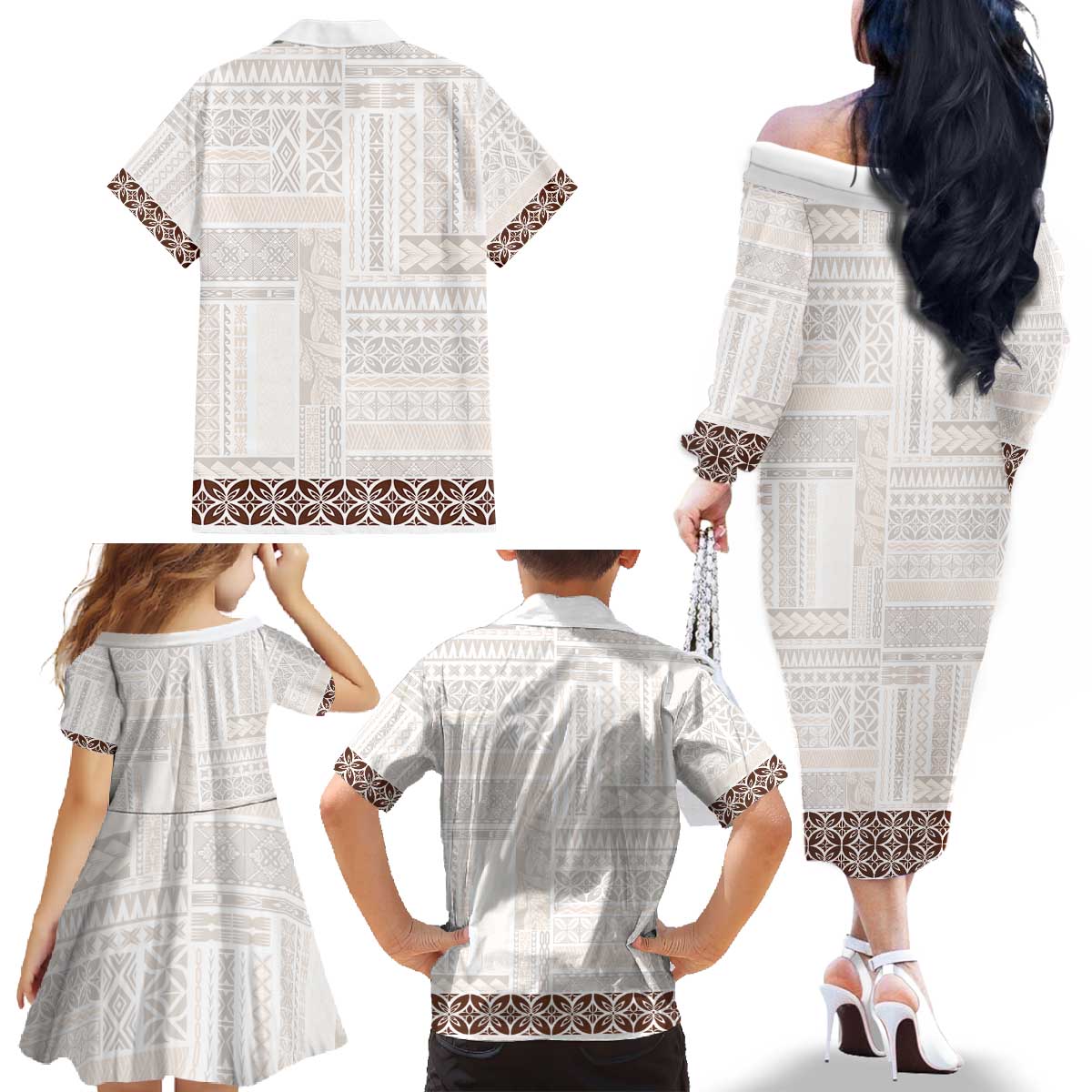 Samoa Siapo Brown Trimmed Family Matching Off The Shoulder Long Sleeve Dress and Hawaiian Shirt Samoa White Sunday - Polynesian Pride