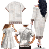 Samoa Siapo Brown Trimmed Family Matching Off The Shoulder Long Sleeve Dress and Hawaiian Shirt Samoa White Sunday - Polynesian Pride