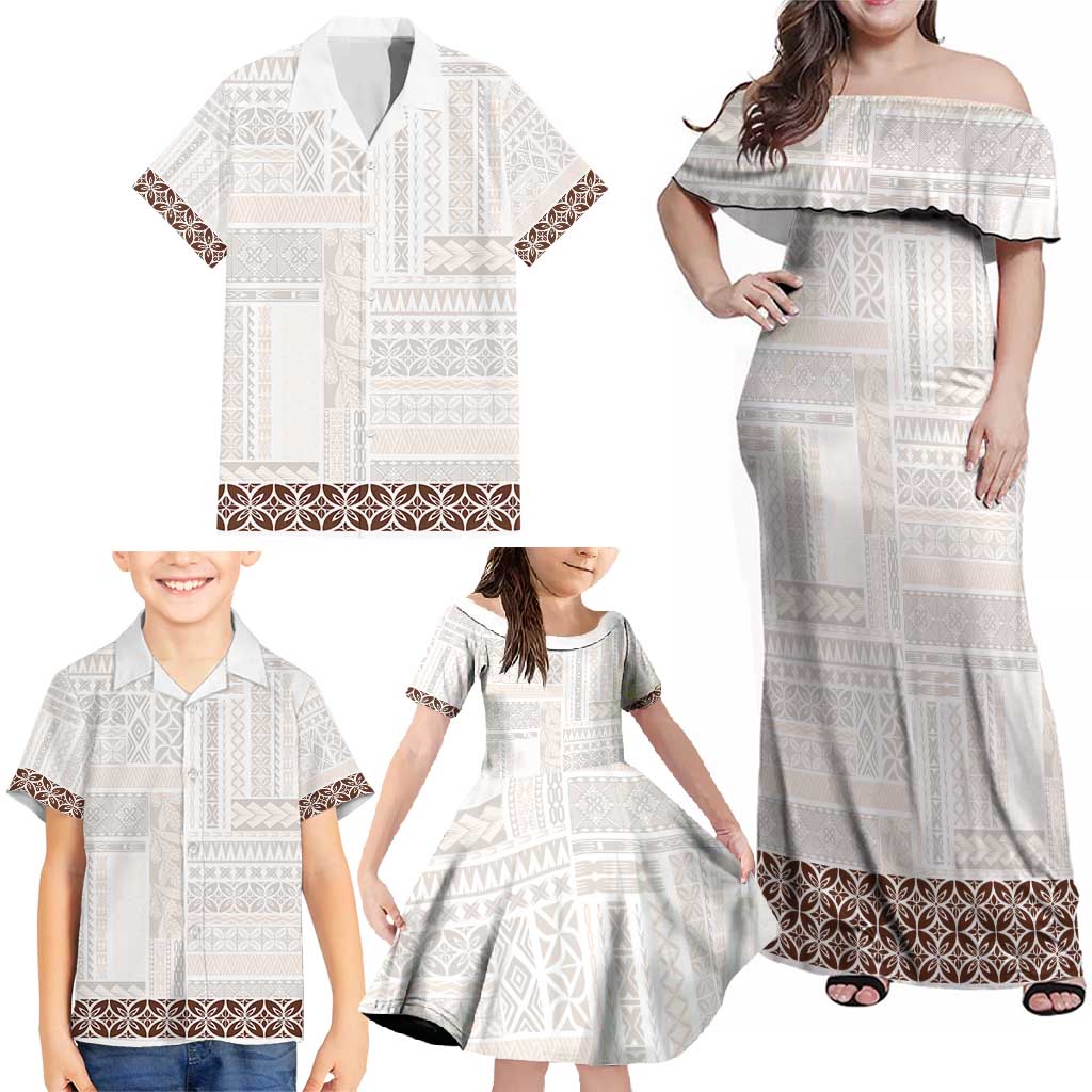 Samoa Siapo Brown Trimmed Family Matching Off Shoulder Maxi Dress and Hawaiian Shirt Samoa White Sunday - Polynesian Pride