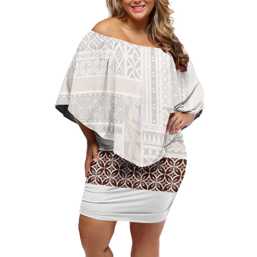 Samoa Siapo Brown Trimmed Family Matching Off Shoulder Short Dress and Hawaiian Shirt Samoa White Sunday - Polynesian Pride