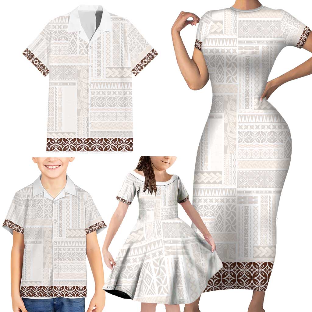 Samoa Siapo Brown Trimmed Family Matching Short Sleeve Bodycon Dress and Hawaiian Shirt Samoa White Sunday - Polynesian Pride