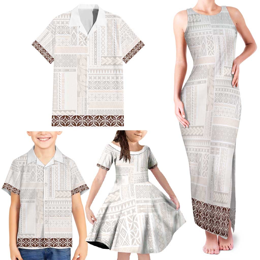 Samoa Siapo Brown Trimmed Family Matching Tank Maxi Dress and Hawaiian Shirt Samoa White Sunday - Polynesian Pride