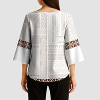 Samoa Siapo Brown Trimmed Kimono Sleeve Blouse Samoa White Sunday - Polynesian Pride