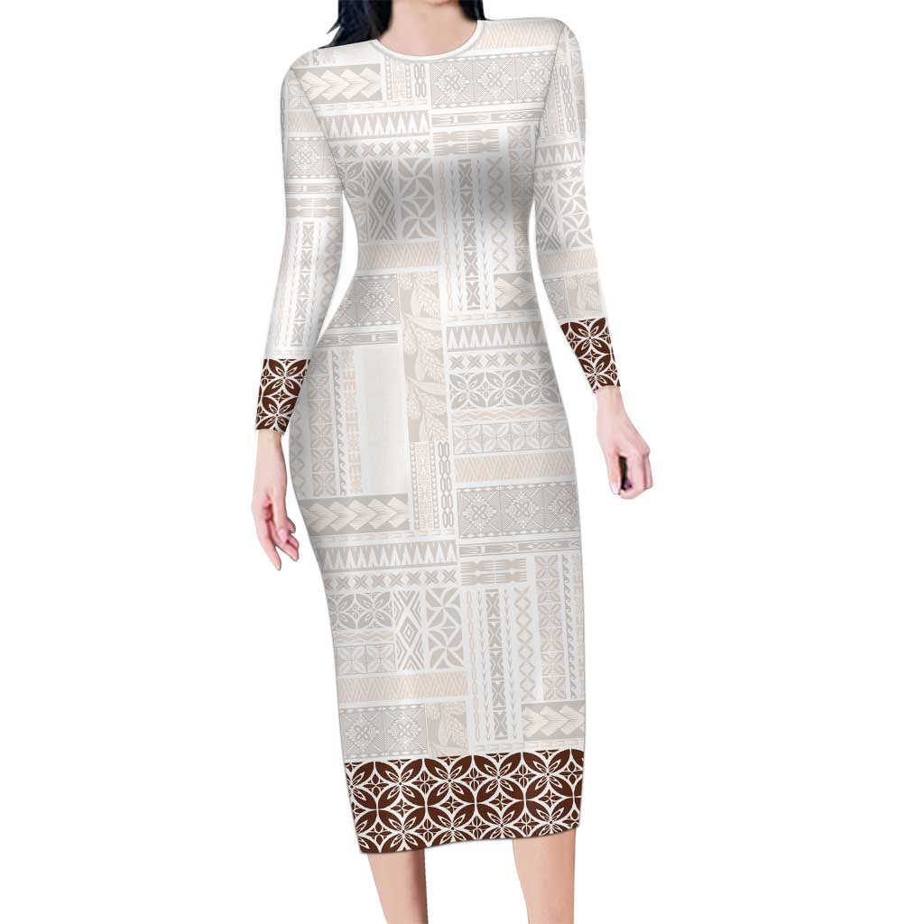 Samoa Siapo Brown Trimmed Long Sleeve Bodycon Dress Samoa White Sunday - Polynesian Pride
