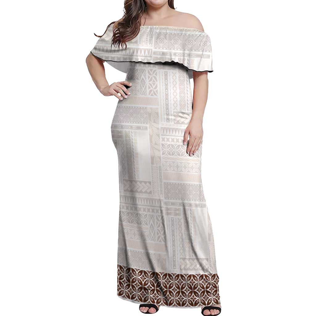 Samoa Siapo Brown Trimmed Off Shoulder Maxi Dress Samoa White Sunday - Polynesian Pride