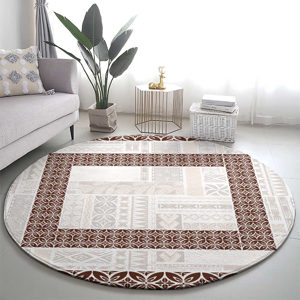 Samoa Siapo Brown Trimmed Round Carpet Samoa White Sunday - Polynesian Pride