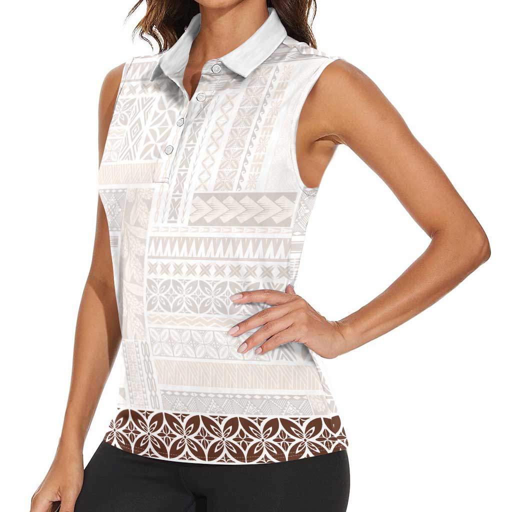 Samoa Siapo Brown Trimmed Women Sleeveless Polo Shirt Samoa White Sunday - Polynesian Pride