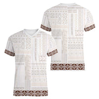 Samoa Siapo Brown Trimmed Women V-Neck T-Shirt Samoa White Sunday - Polynesian Pride
