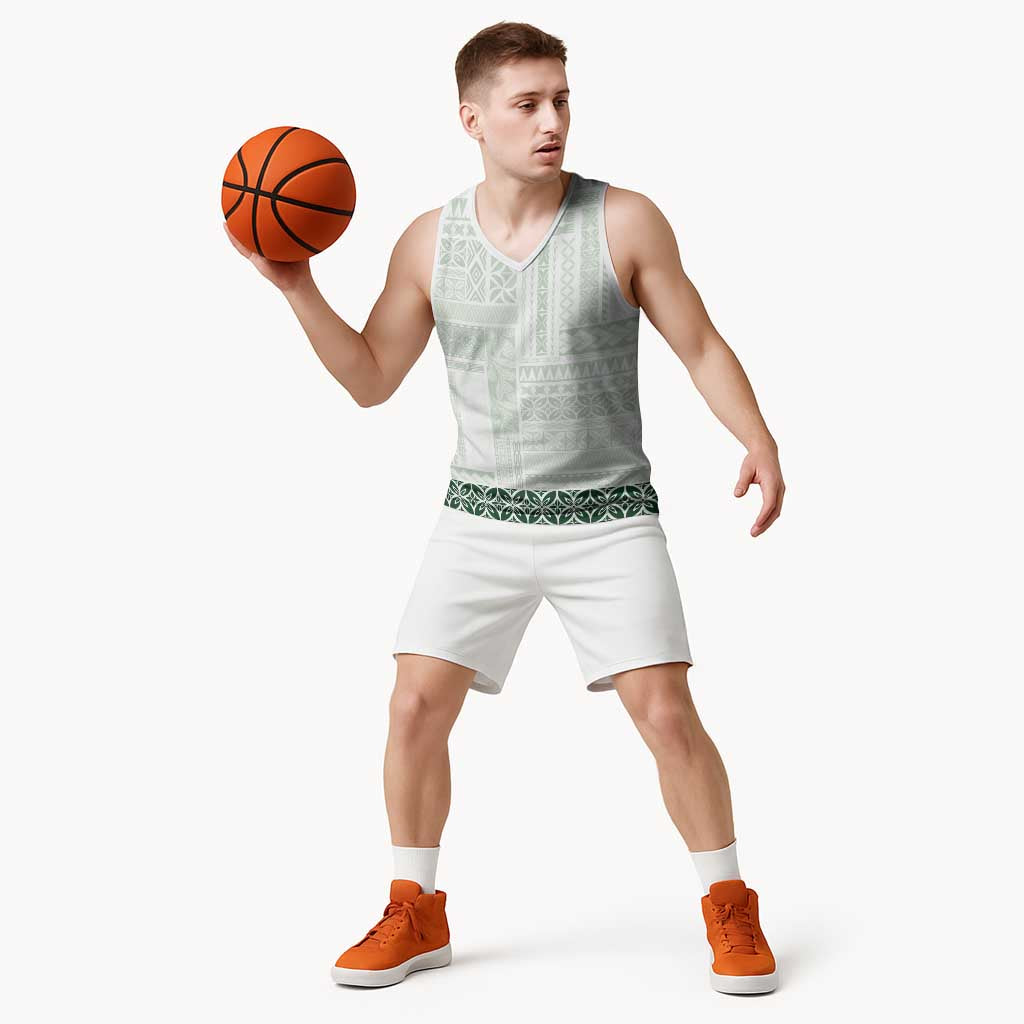 Samoa Siapo Green Trimmed Basketball Jersey Samoa White Sunday - Polynesian Pride