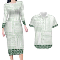 Samoa Siapo Green Trimmed Couples Matching Long Sleeve Bodycon Dress and Hawaiian Shirt Samoa White Sunday - Polynesian Pride