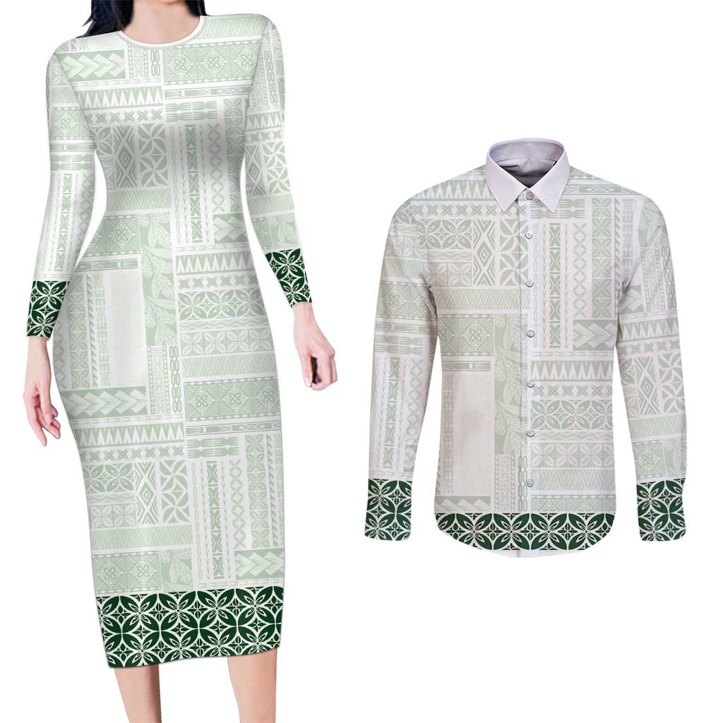 Samoa Siapo Green Trimmed Couples Matching Long Sleeve Bodycon Dress and Long Sleeve Button Shirt Samoa White Sunday - Polynesian Pride