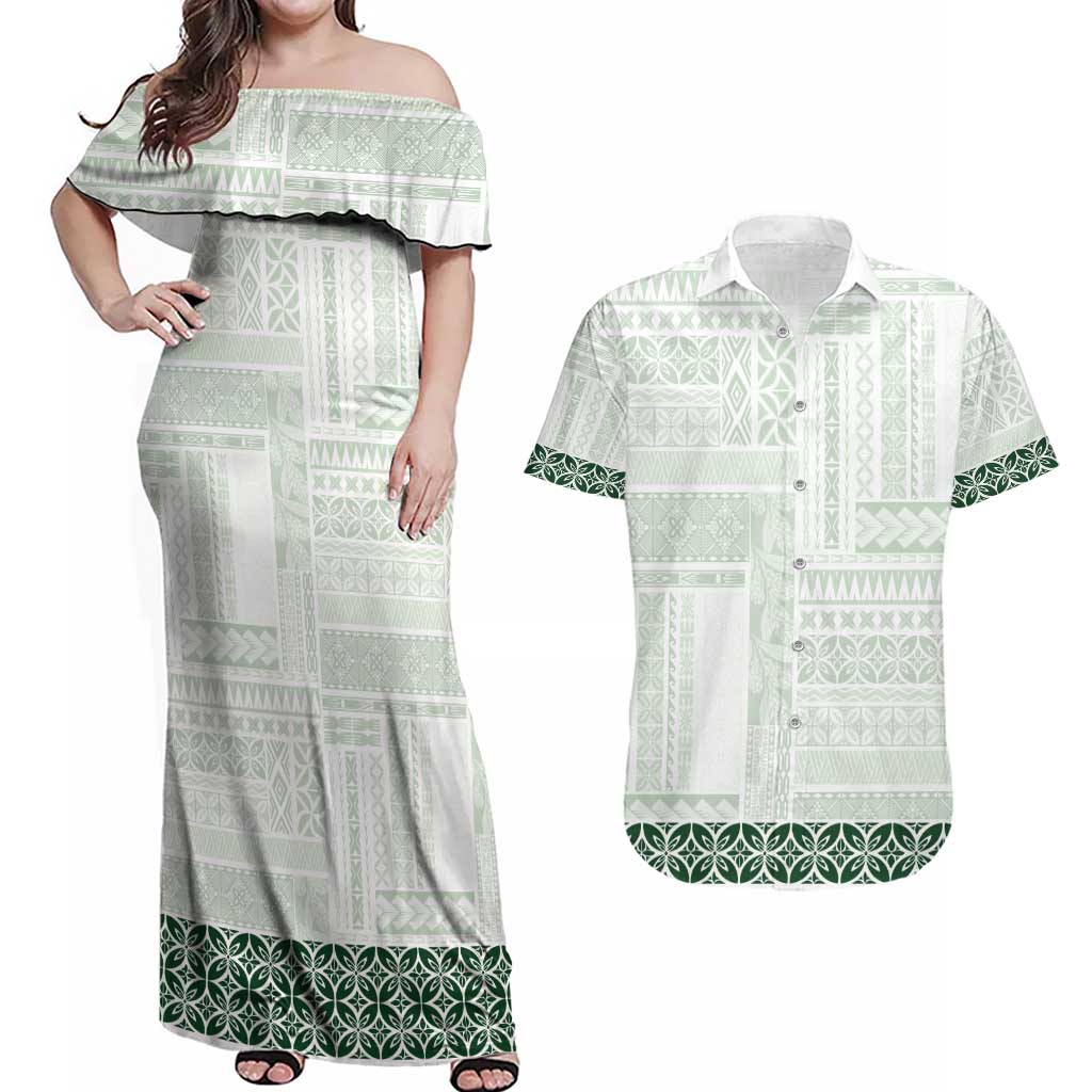Samoa Siapo Green Trimmed Couples Matching Off Shoulder Maxi Dress and Hawaiian Shirt Samoa White Sunday - Polynesian Pride