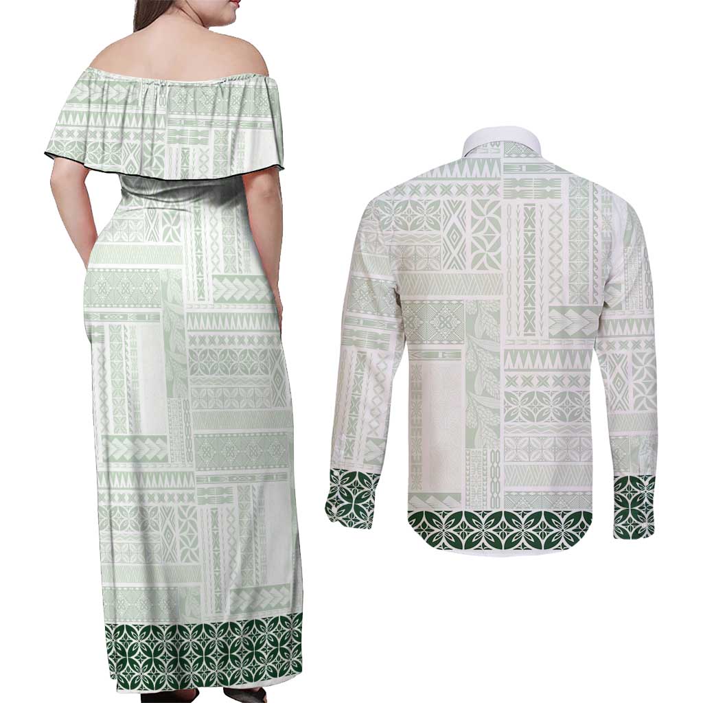 Samoa Siapo Green Trimmed Couples Matching Off Shoulder Maxi Dress and Long Sleeve Button Shirt Samoa White Sunday - Polynesian Pride