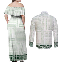Samoa Siapo Green Trimmed Couples Matching Off Shoulder Maxi Dress and Long Sleeve Button Shirt Samoa White Sunday - Polynesian Pride