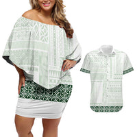 Samoa Siapo Green Trimmed Couples Matching Off Shoulder Short Dress and Hawaiian Shirt Samoa White Sunday - Polynesian Pride