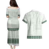 Samoa Siapo Green Trimmed Couples Matching Puletasi and Hawaiian Shirt Samoa White Sunday - Polynesian Pride