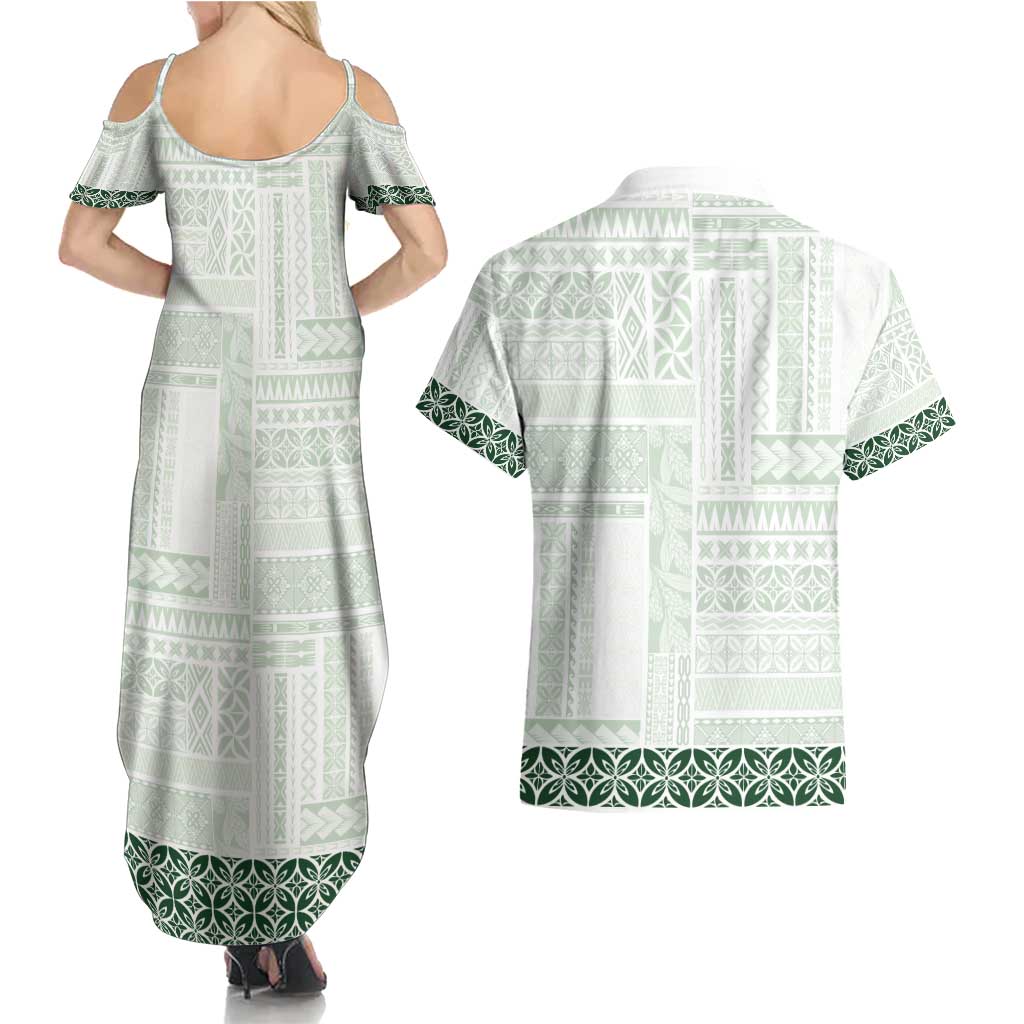 Samoa Siapo Green Trimmed Couples Matching Summer Maxi Dress and Hawaiian Shirt Samoa White Sunday - Polynesian Pride