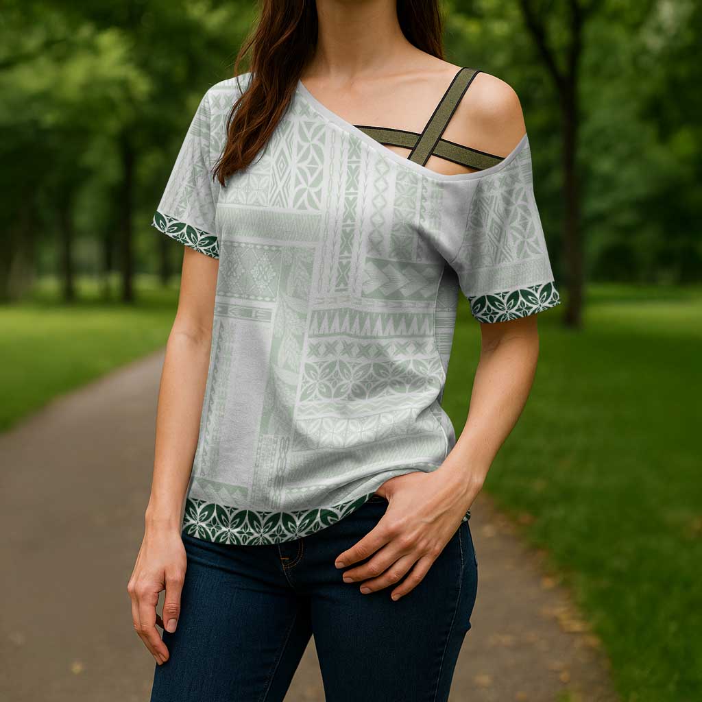 Samoa Siapo Green Trimmed Cross Shoulder Shirt Samoa White Sunday - Polynesian Pride