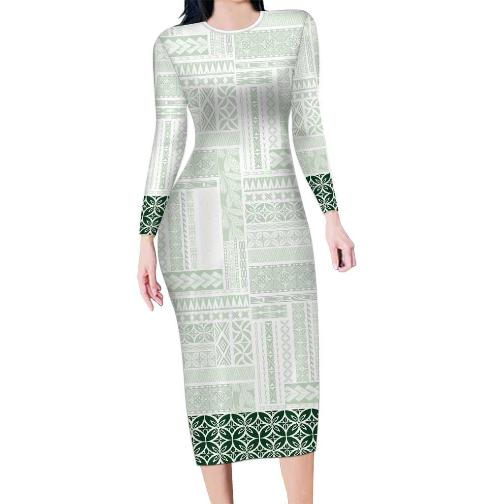 Samoa Siapo Green Trimmed Family Matching Long Sleeve Bodycon Dress and Hawaiian Shirt Samoa White Sunday - Polynesian Pride