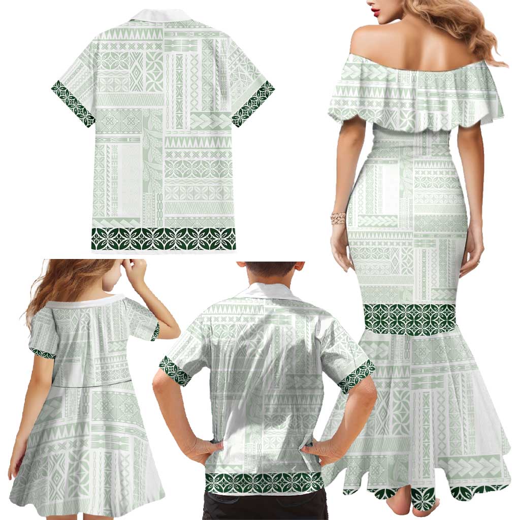 Samoa Siapo Green Trimmed Family Matching Mermaid Dress and Hawaiian Shirt Samoa White Sunday - Polynesian Pride