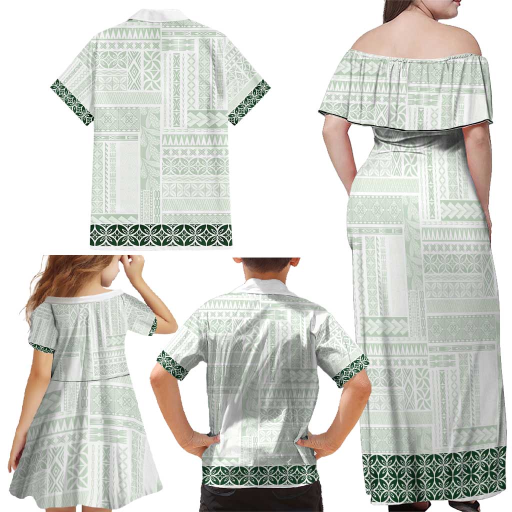 Samoa Siapo Green Trimmed Family Matching Off Shoulder Maxi Dress and Hawaiian Shirt Samoa White Sunday - Polynesian Pride