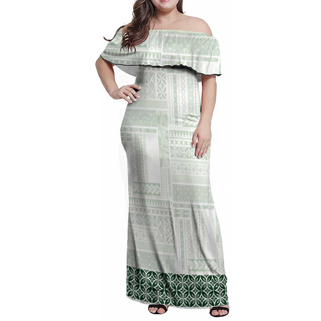 Samoa Siapo Green Trimmed Family Matching Off Shoulder Maxi Dress and Hawaiian Shirt Samoa White Sunday - Polynesian Pride
