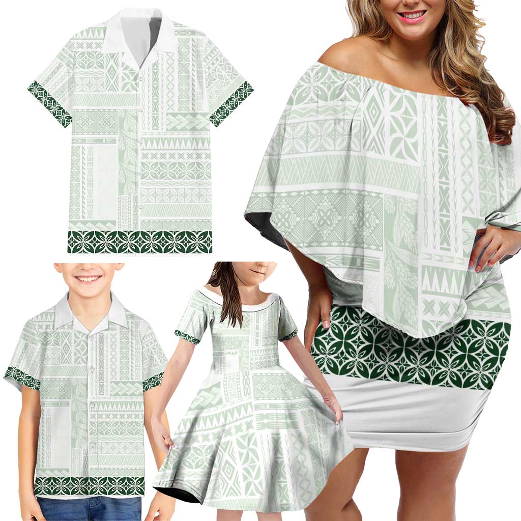 Samoa Siapo Green Trimmed Family Matching Off Shoulder Short Dress and Hawaiian Shirt Samoa White Sunday - Polynesian Pride