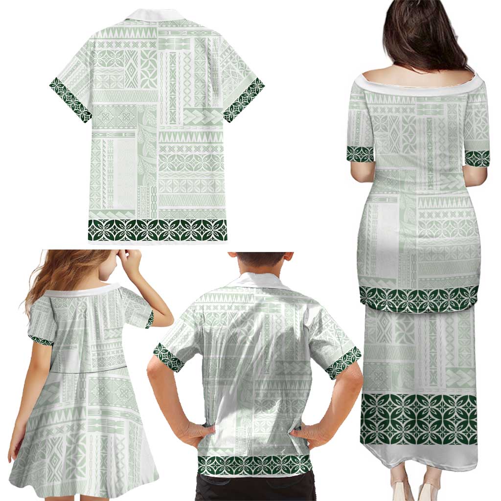 Samoa Siapo Green Trimmed Family Matching Puletasi and Hawaiian Shirt Samoa White Sunday - Polynesian Pride