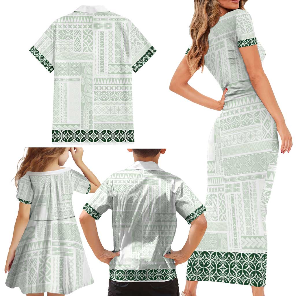 Samoa Siapo Green Trimmed Family Matching Short Sleeve Bodycon Dress and Hawaiian Shirt Samoa White Sunday - Polynesian Pride