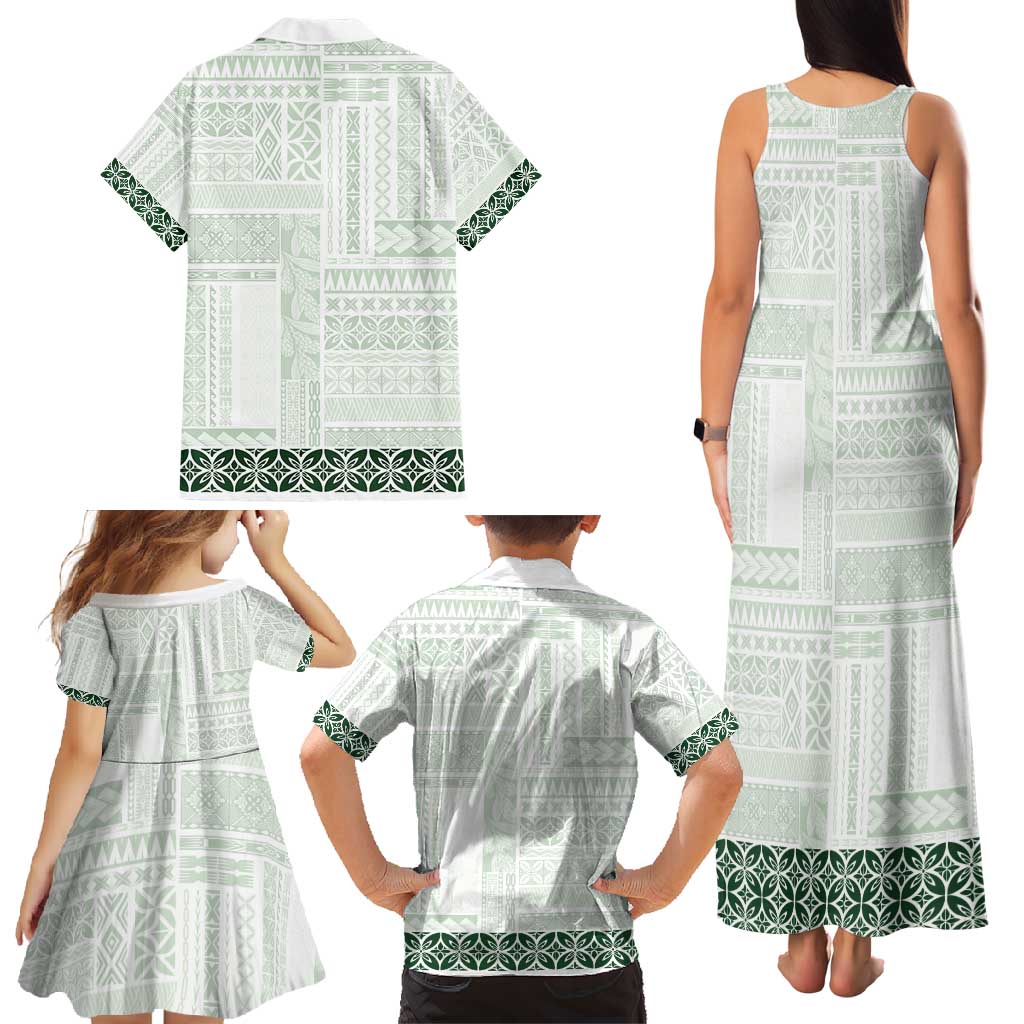 Samoa Siapo Green Trimmed Family Matching Tank Maxi Dress and Hawaiian Shirt Samoa White Sunday - Polynesian Pride