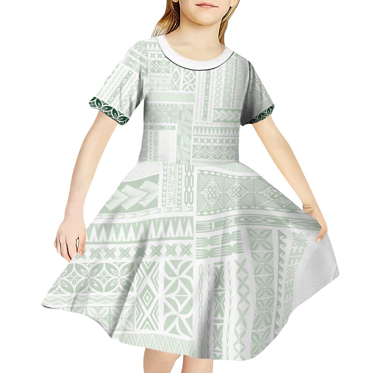 Samoa Siapo Green Trimmed Kid Short Sleeve Dress Samoa White Sunday - Polynesian Pride
