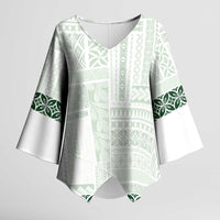 Samoa Siapo Green Trimmed Kimono Sleeve Blouse Samoa White Sunday - Polynesian Pride