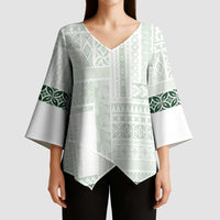 Samoa Siapo Green Trimmed Kimono Sleeve Blouse Samoa White Sunday - Polynesian Pride