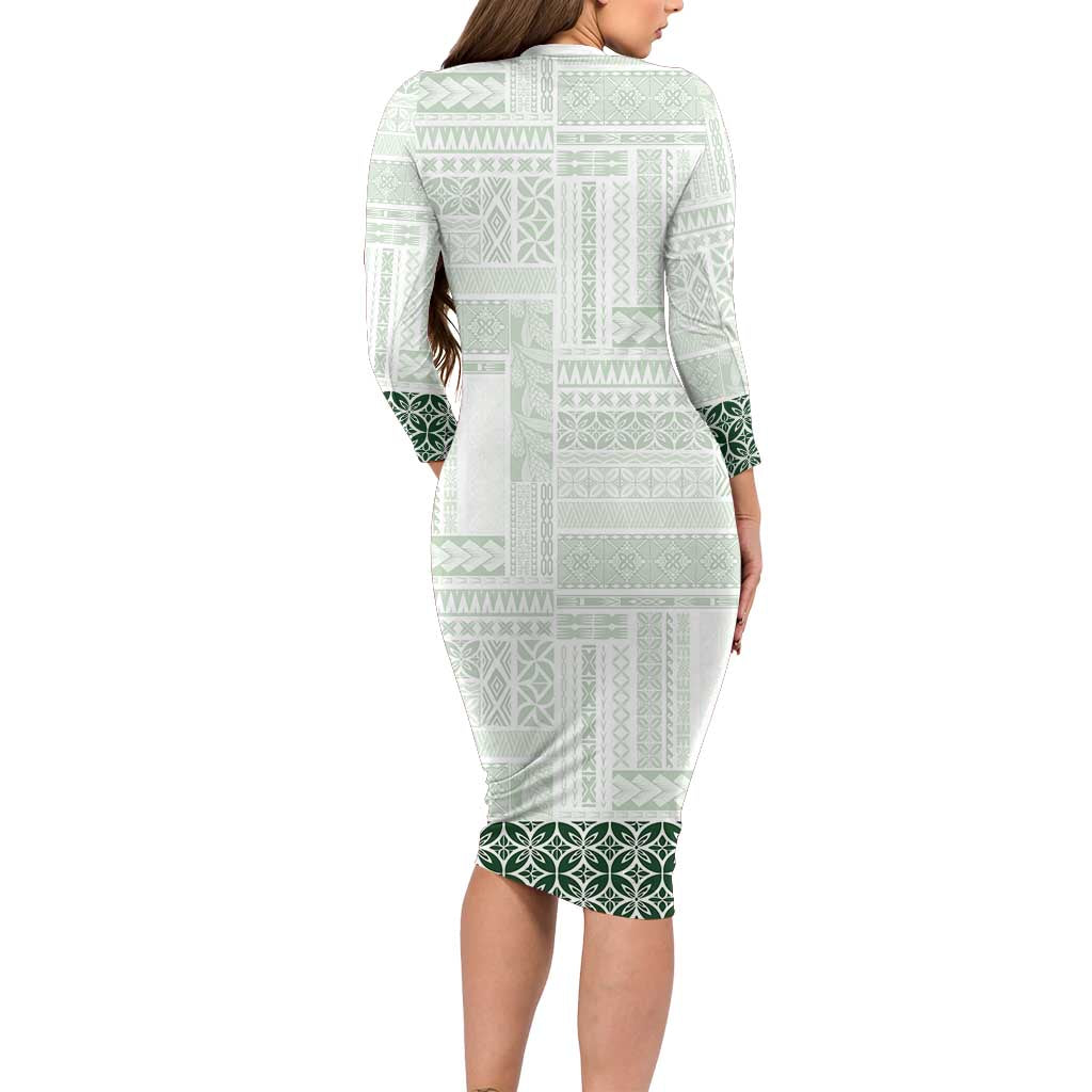 Samoa Siapo Green Trimmed Long Sleeve Bodycon Dress Samoa White Sunday - Polynesian Pride