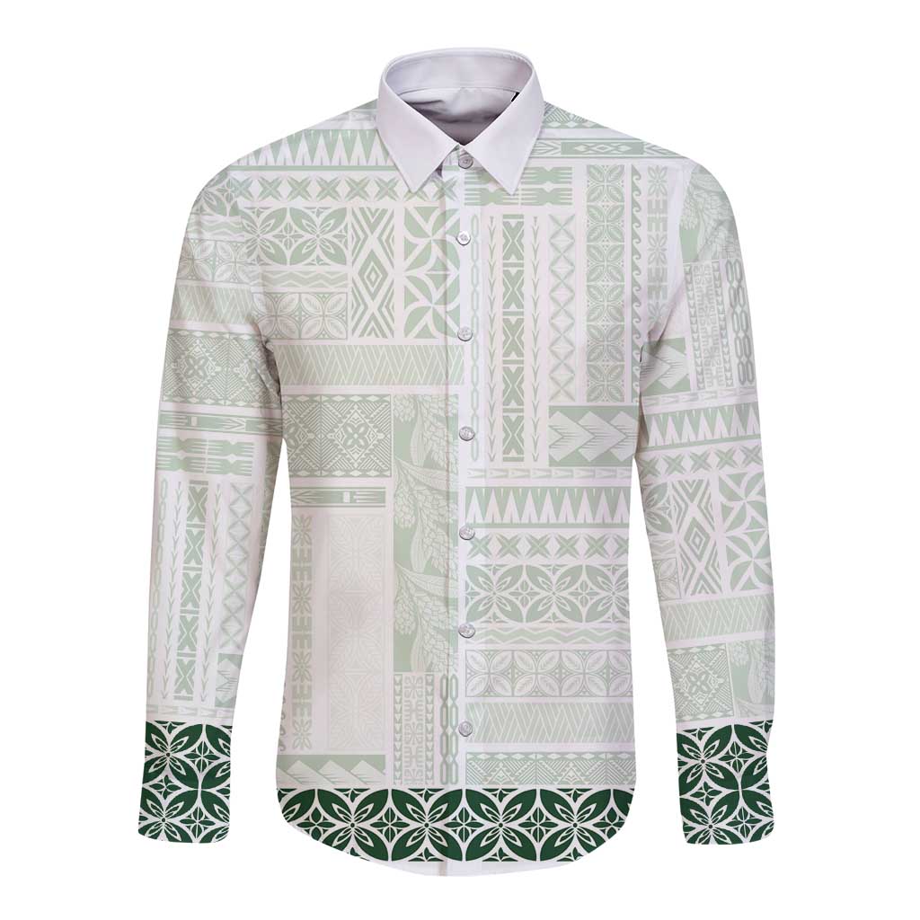 Samoa Siapo Green Trimmed Long Sleeve Button Shirt Samoa White Sunday - Polynesian Pride
