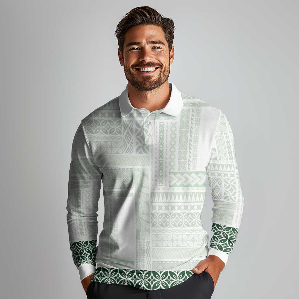 Samoa Siapo Green Trimmed Long Sleeve Polo Shirt Samoa White Sunday - Polynesian Pride